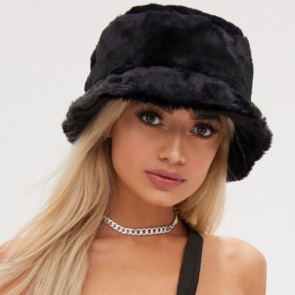 black faux fur bucket hat